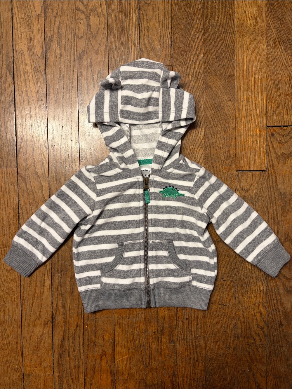 Carter's Gray & White Striped Hooded Zip Sweatshirt with Green Dino